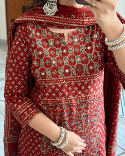 Red Buti Work Kurta And Pant With Dupatta For Women