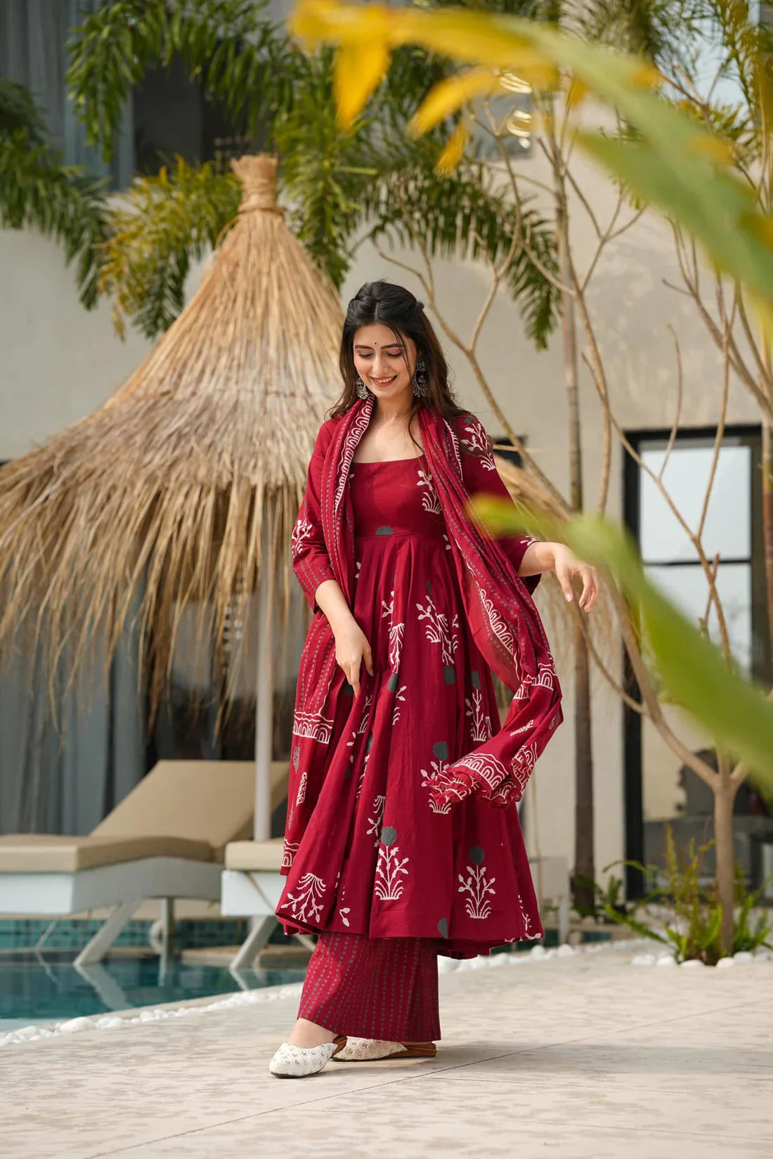 Red Cotton Kurta And Pant With Dupatta For Women
